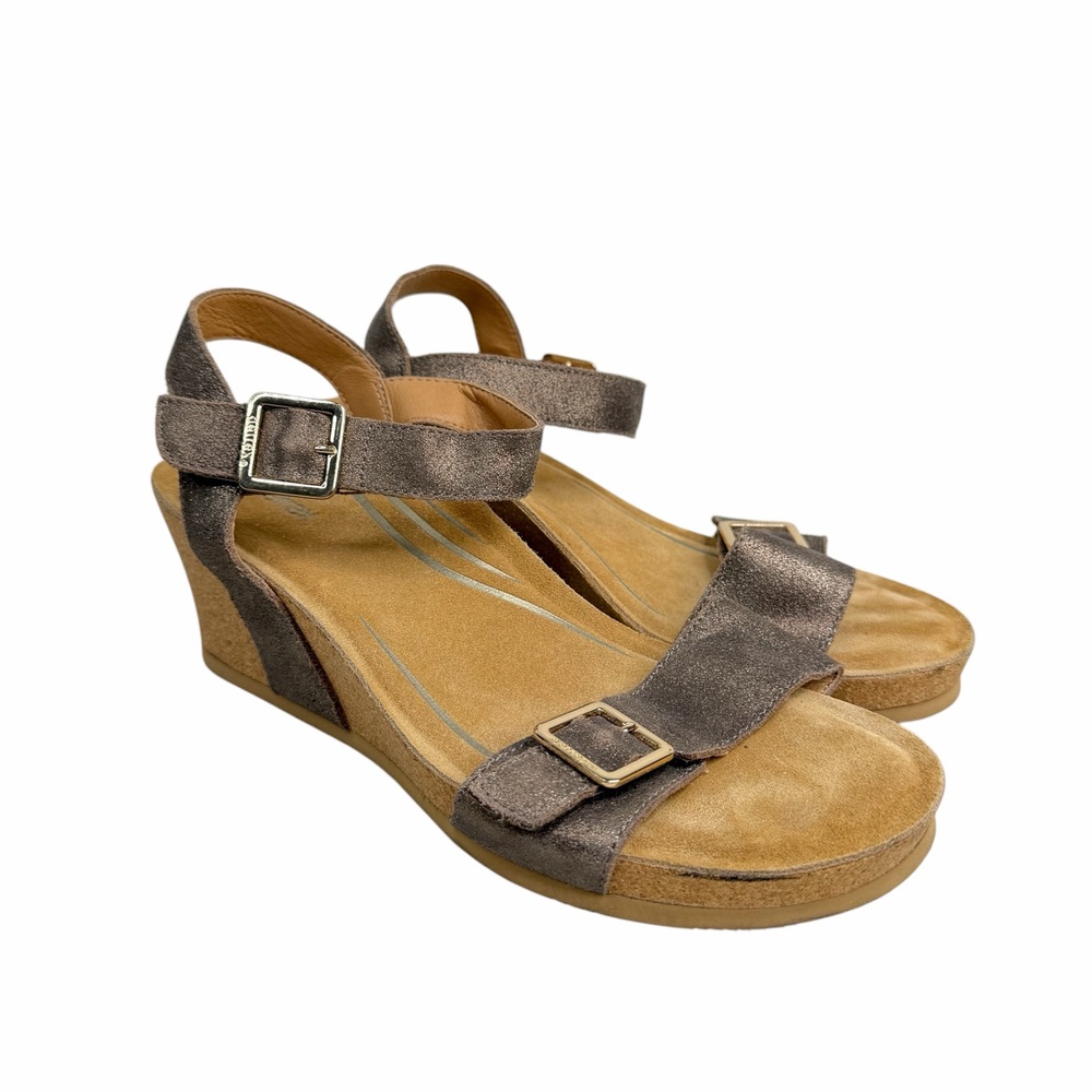 Aetrex Lexa Sandals Gold Shimmer Leather Adjustable Straps Wedge Orthotic 9/40